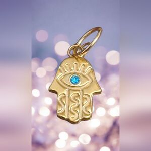 Gold Hamsa Pendant with Blue Gem